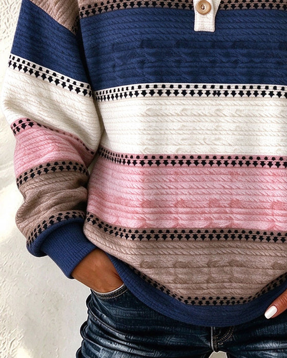 V-Neck Button Color-Block Striped Sweatshirt