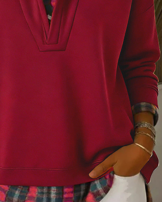 Faux Two-Piece Plaid Patchwork Hoodie