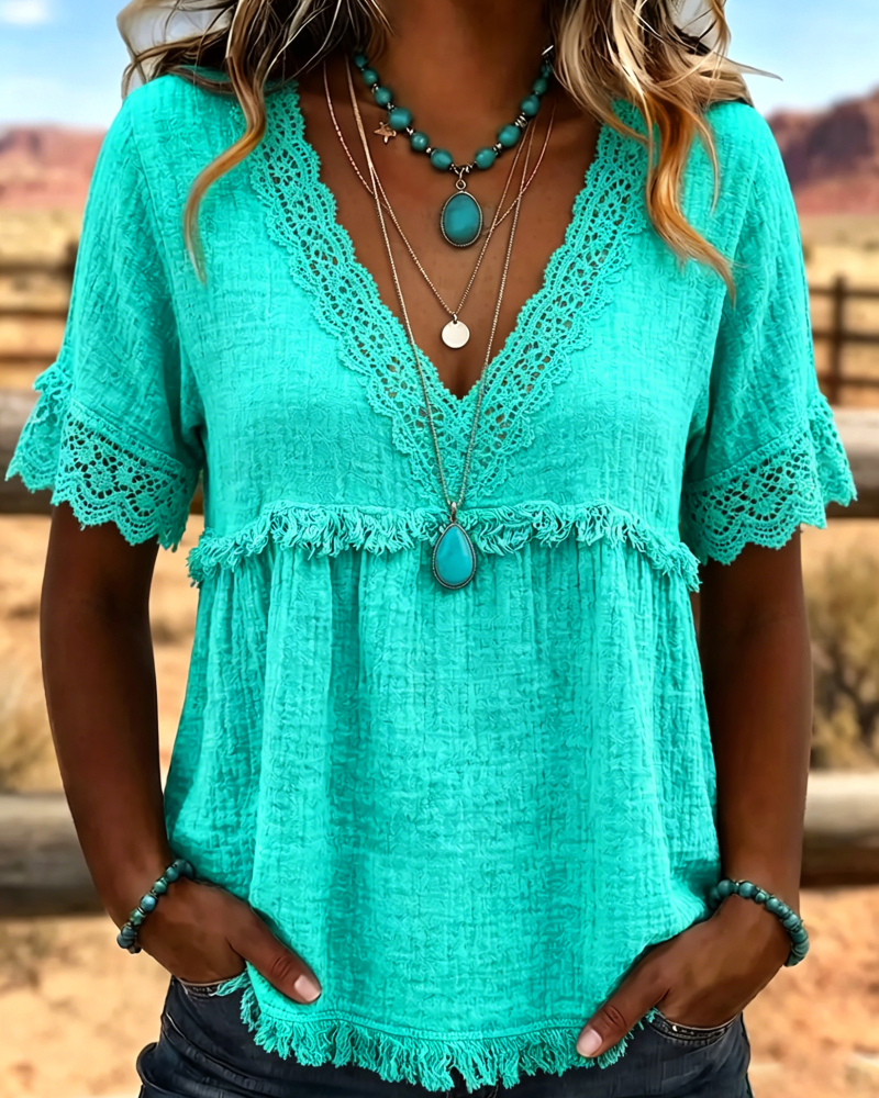 V-Neck Lace Trim Design Blouse