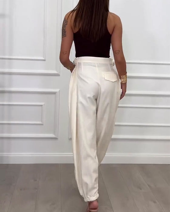 Solid Color Buttoned Jogger Pants