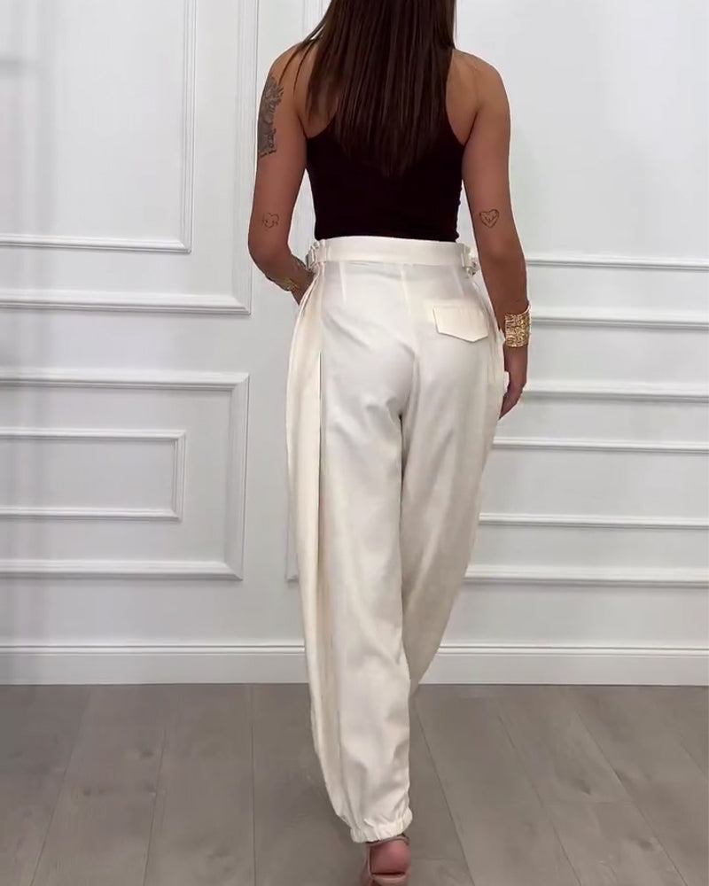 Solid Color Buttoned Jogger Pants