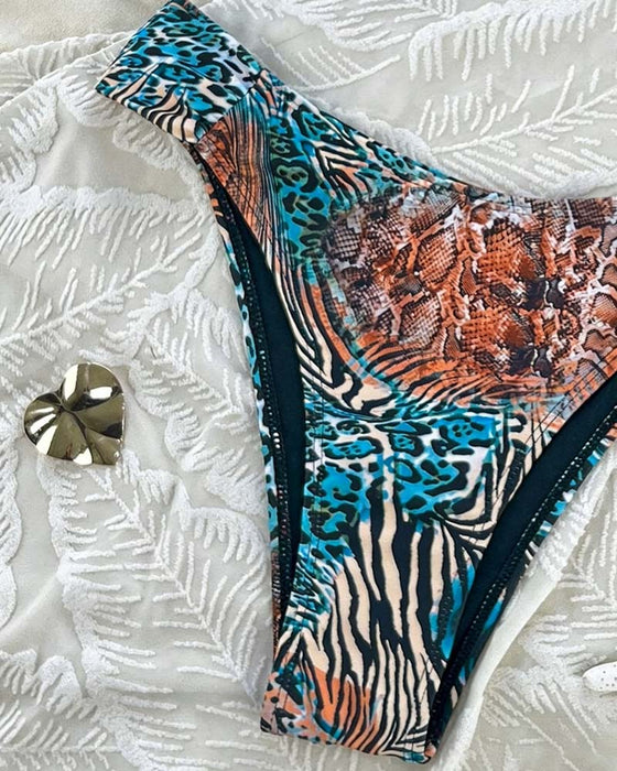 Leopard Print Color Block Strappy Bikini
