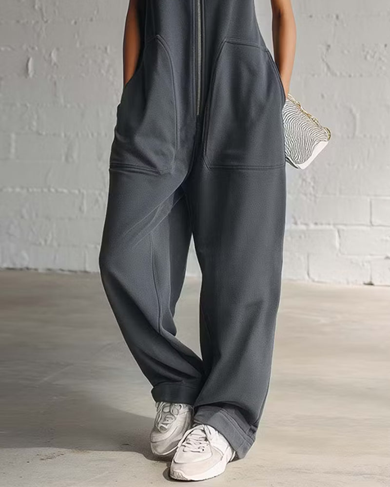 Hooded Solid Color Pocket Jumpsuit