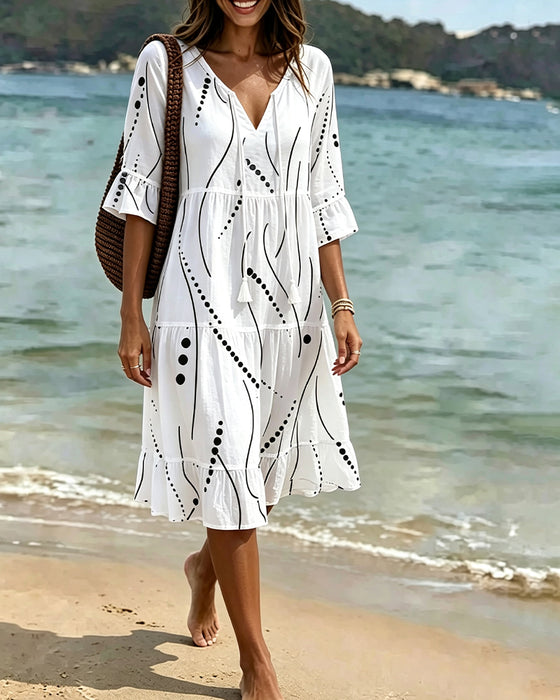 Flutter Sleeve Tie-Waist Polka Dot A-Line Dress