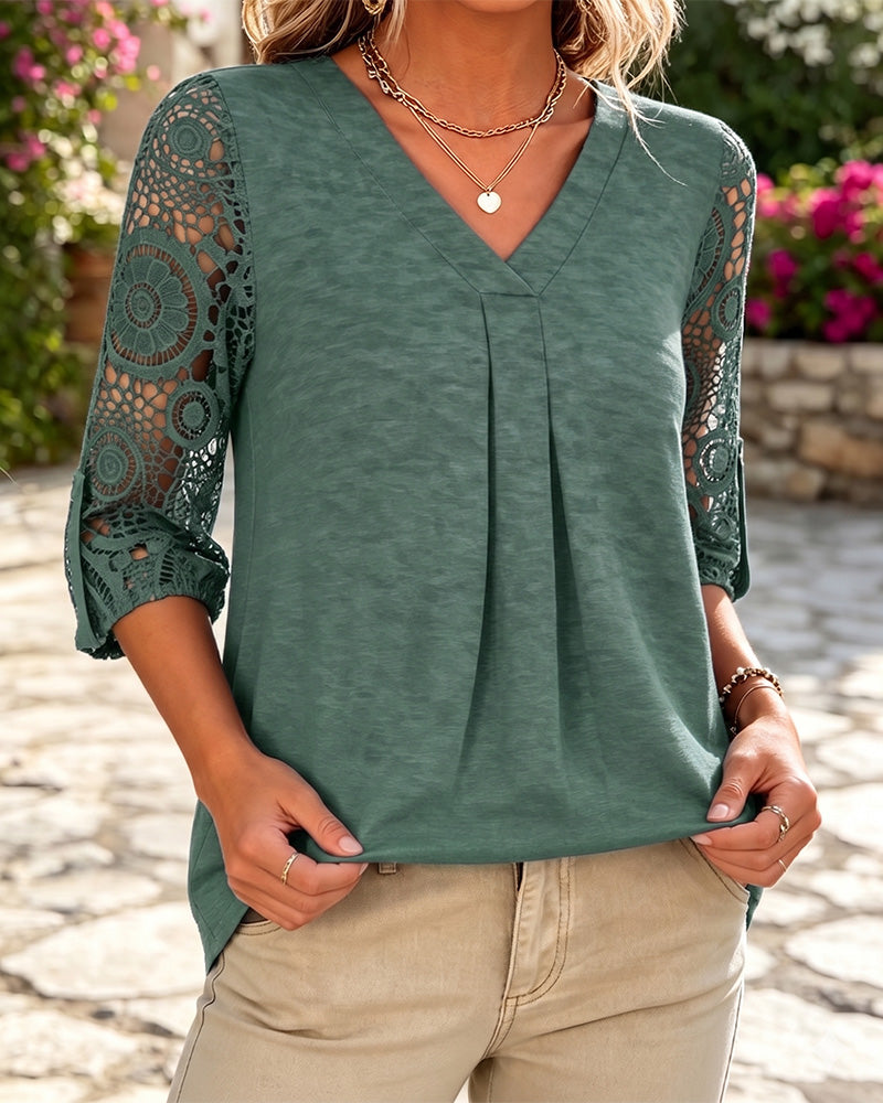 Lace Patchwork V-Neck Blouse