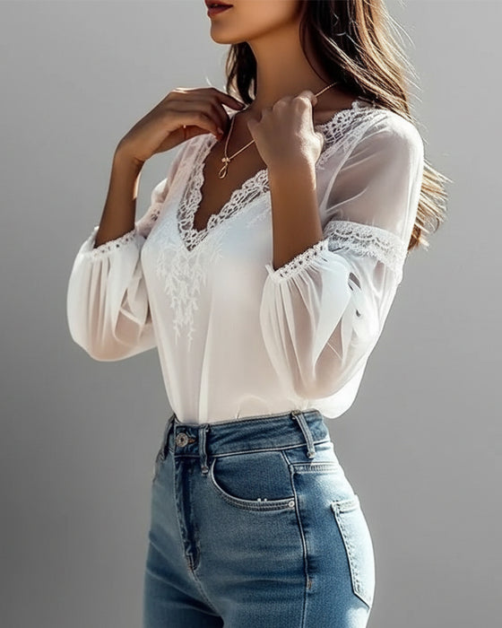 V-Neck Lace-Paneled Stylish Blouse