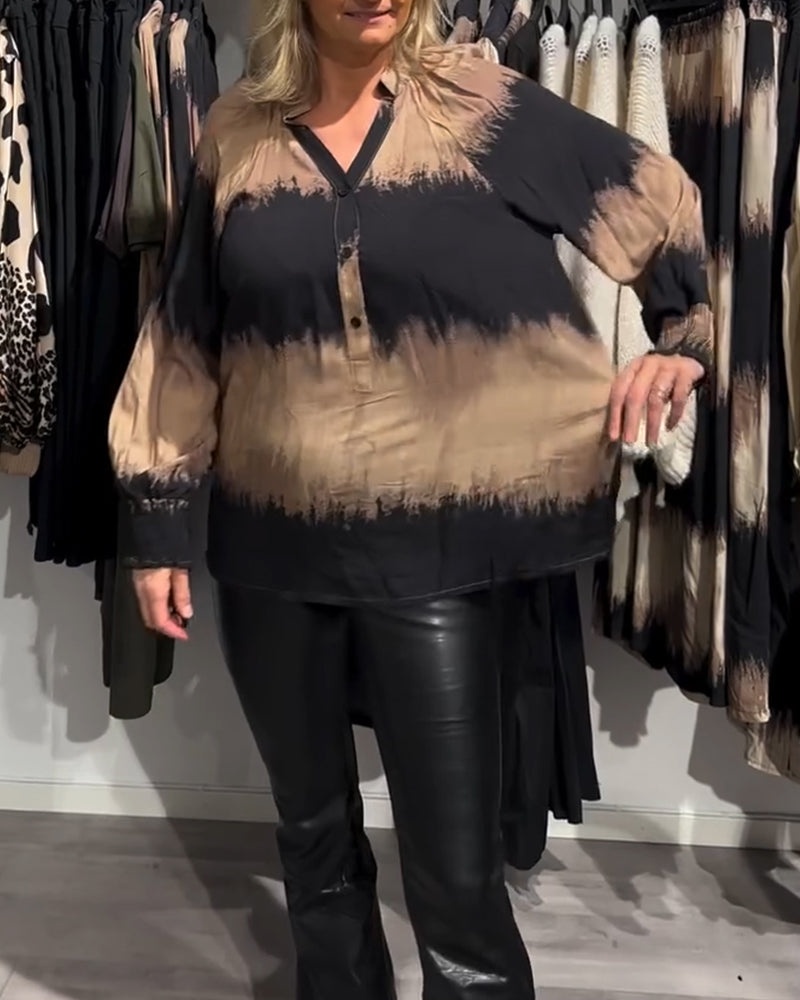 Vintage colorblock V-neck button blouse