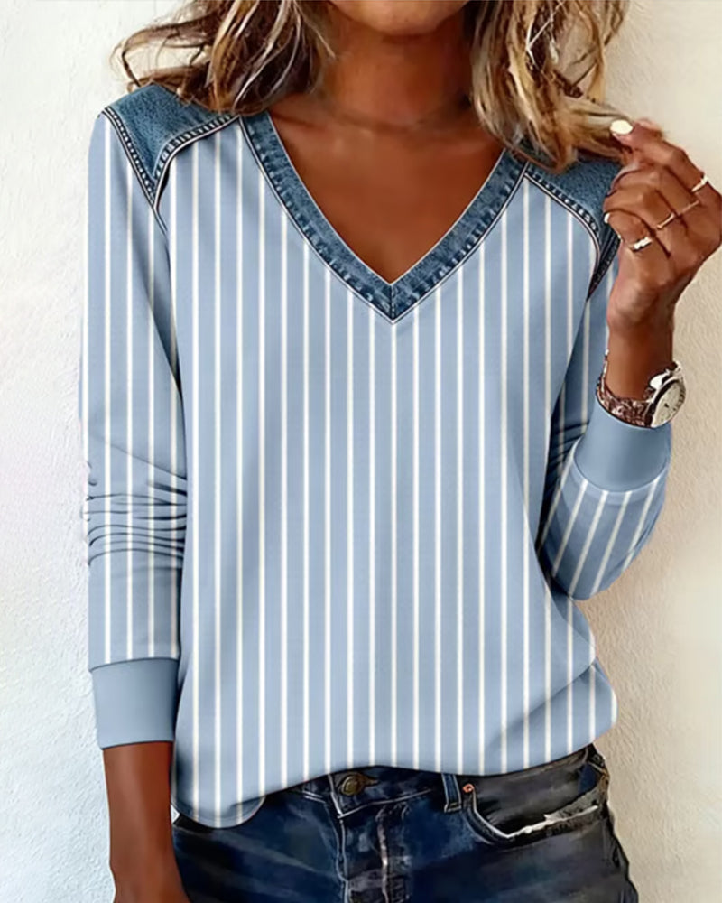 V-Neck Patchwork Denim Sweatshirt