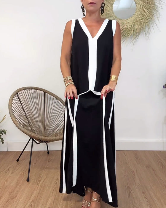 Fashionable contrasting print V-neck sleeveless dress