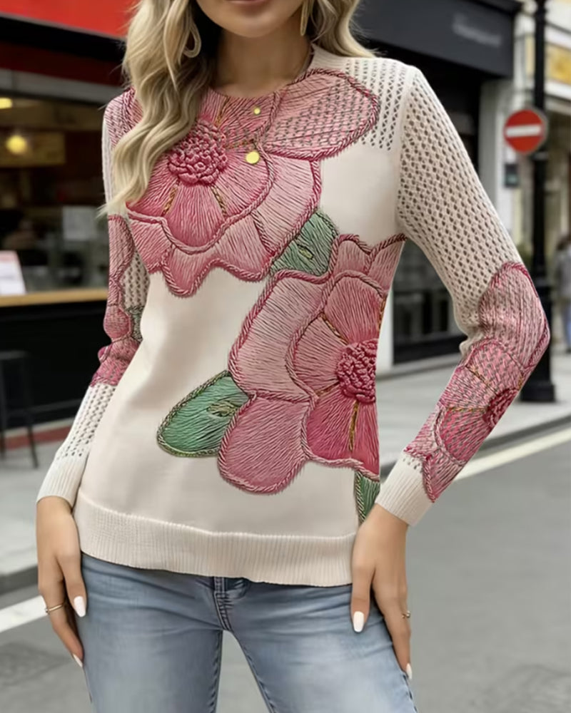 Flower Pattern Casual Long Sleeve Pullover