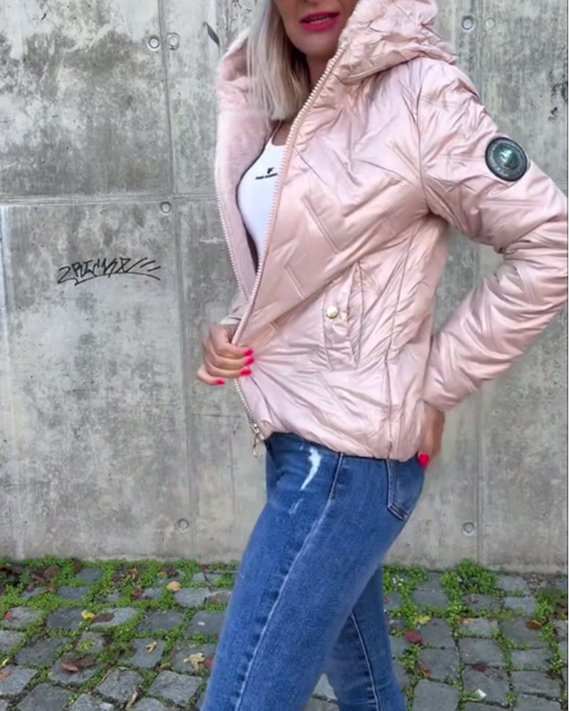 Casual solid color zipper hooded padded jacket