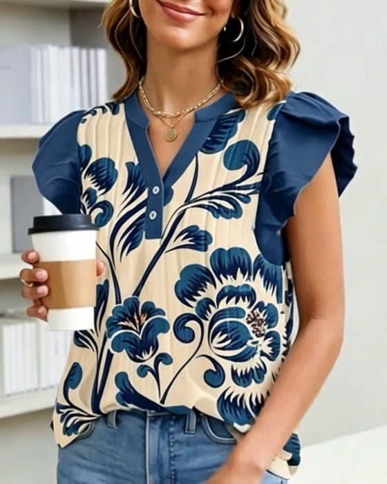 Floral Print Small Flutter Sleeve Blouse