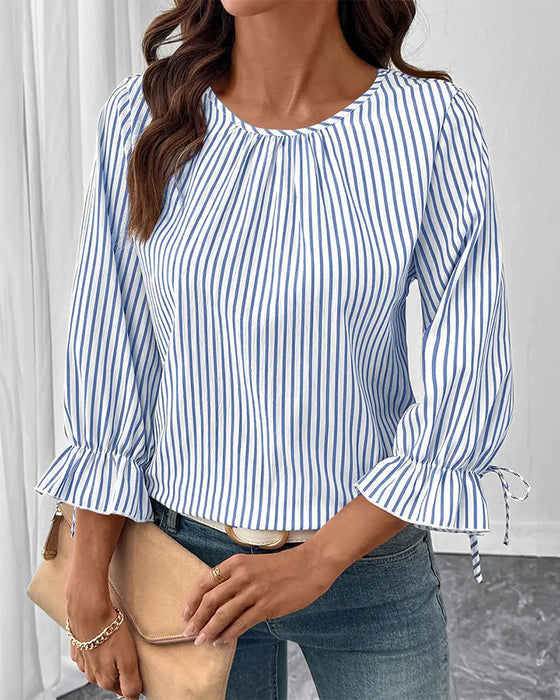 Striped Crew Neck Bubble Sleeve Blouse