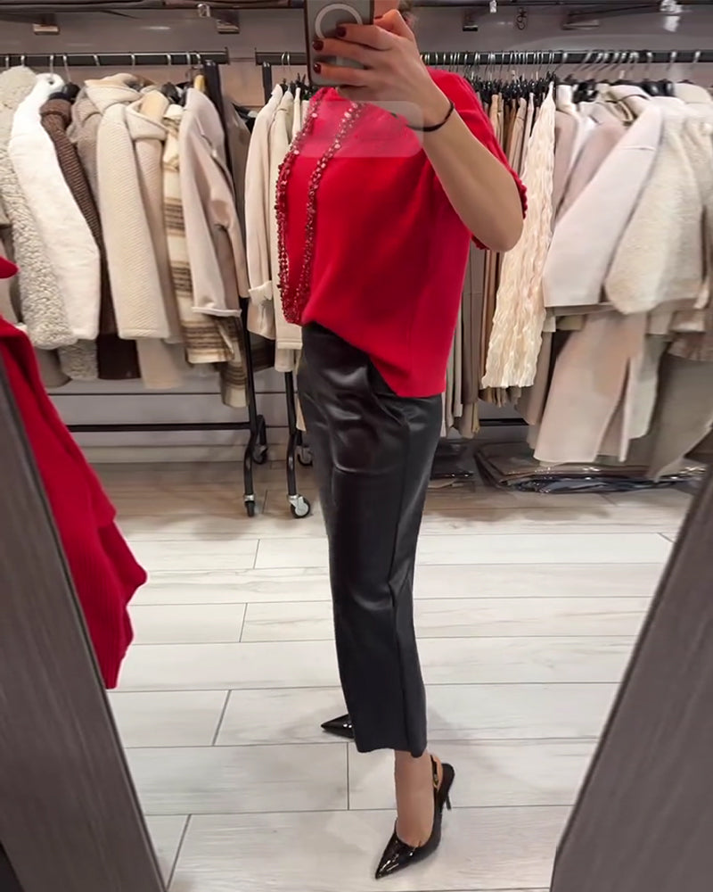 Solid Color High-Neck Short-Sleeved Jumper