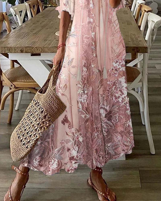 V-Neck Floral Ruffle Full Skirt Dress