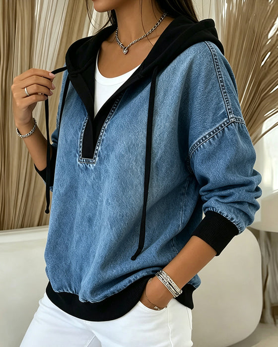 Color-Block V-Neck Drawstring Hoodie