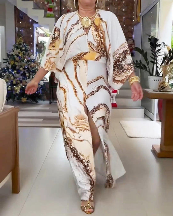 Long-Sleeved V-Neck Slit Printed Dress