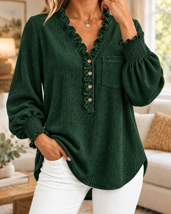 Ruffled Buttoned Lantern Sleeve Blouse