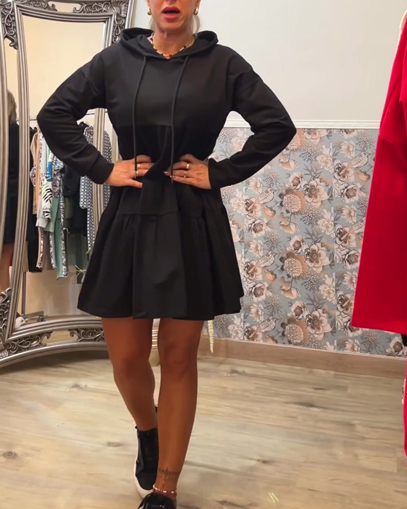Solid color casual drawstring hooded dress