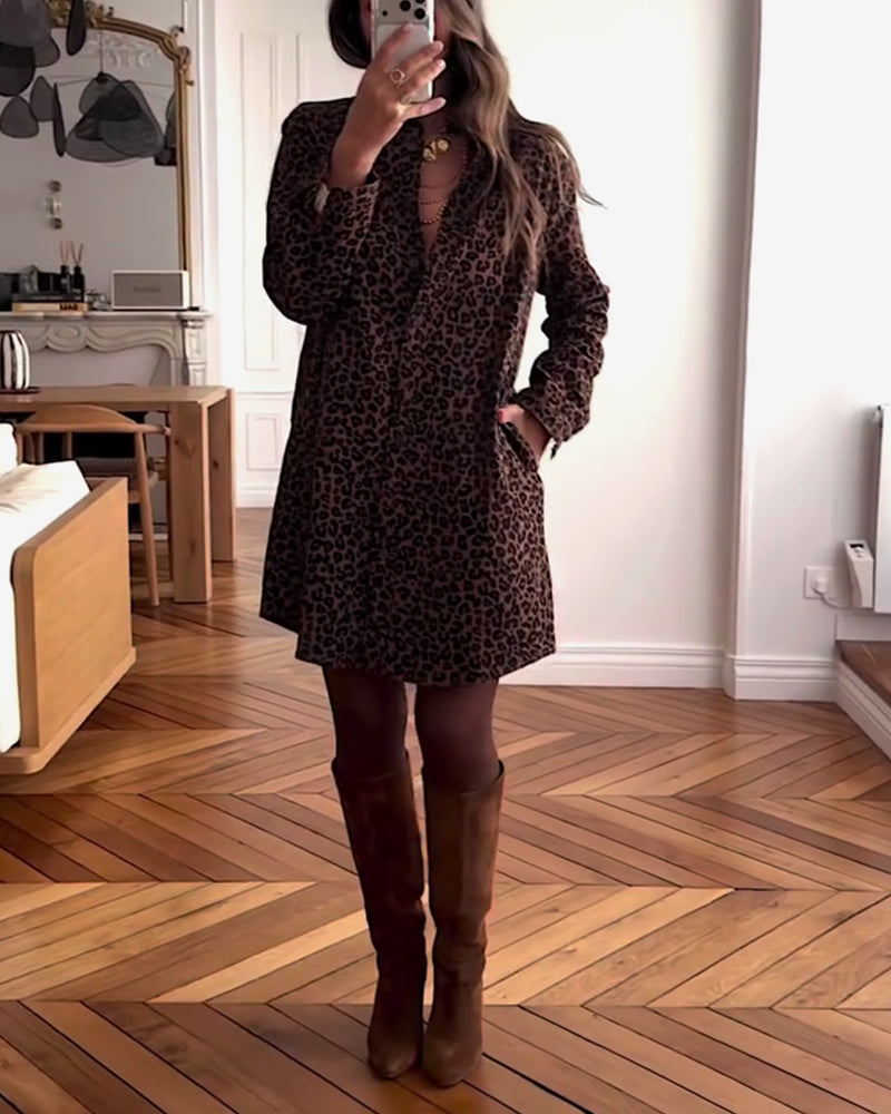 Long-Sleeved Leopard Print Shirt Dress
