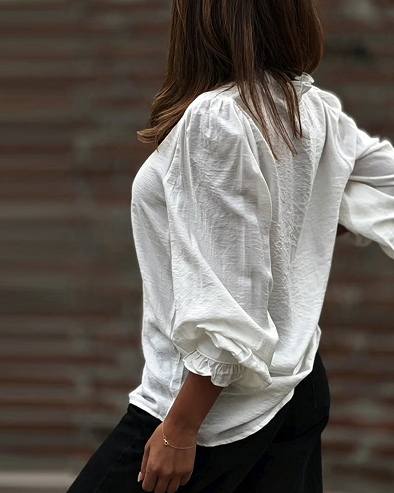 V-Neck Button Front Ruffle Puff Sleeve Blouse