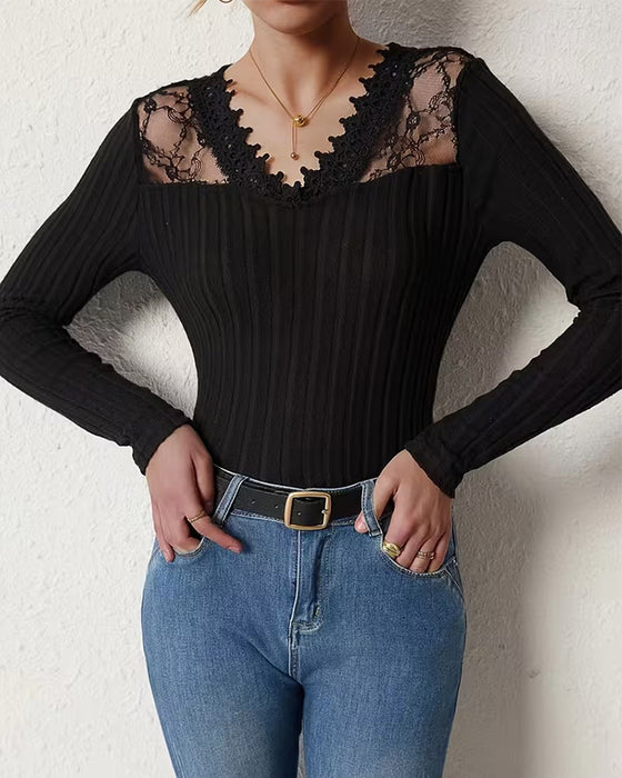 Elegant Lace Solid Color Slim Fit V-Neck T-Shirt