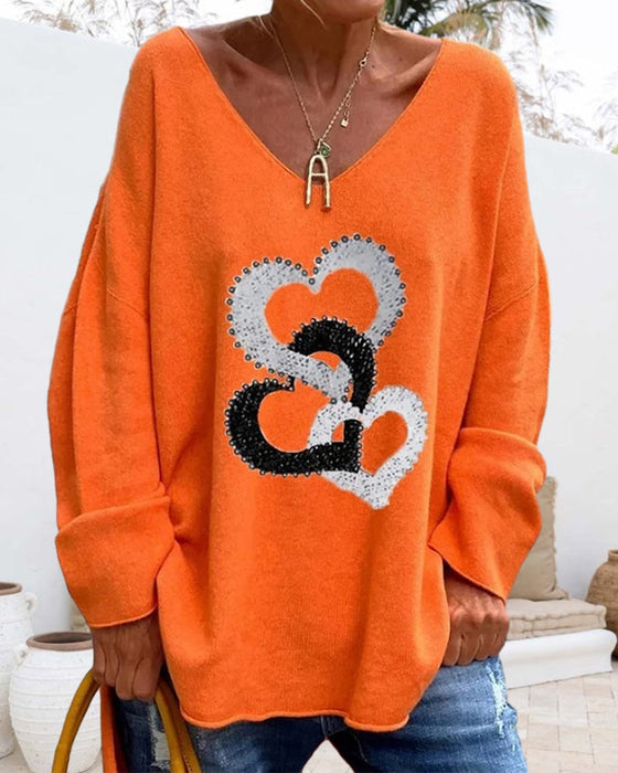 V Neck Heart Printed Top