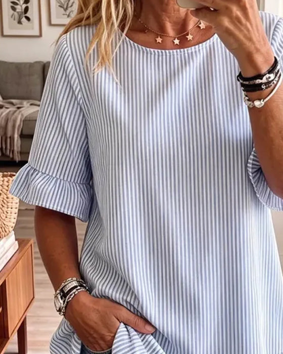 Stripe Crewneck Ruffle T-Shirts