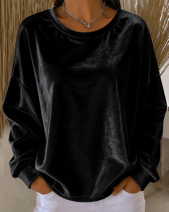 Crew Neck Drop Shoulder Relaxed Long Sleeve Blouse