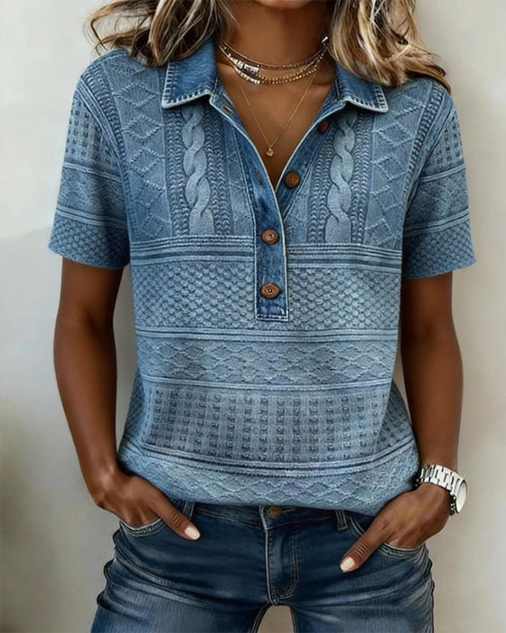 Turn-Down Collar Denim Printed T-Shirt