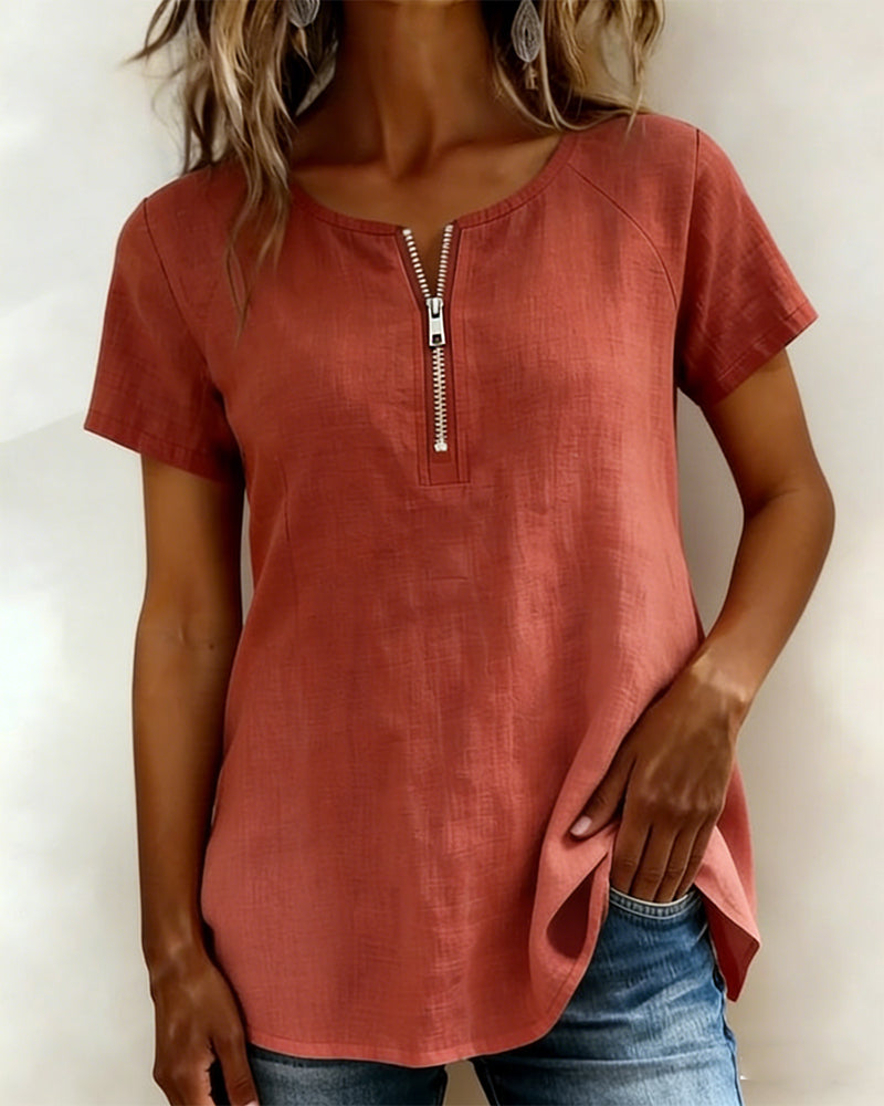 Half Zip Cotton Linen T-Shirt