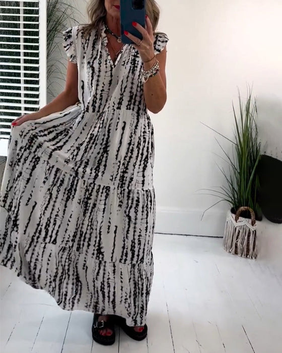 Fly Sleeve Printed V-Neck Dress