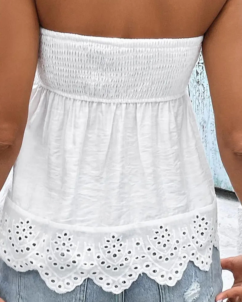 Smocked Hollow Out Bandeau Blouse