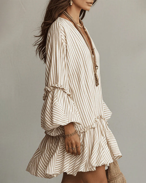 V-Neck Lantern Sleeve Striped Mini Dress