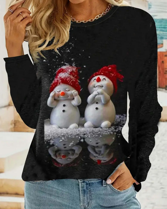 Snowman Print Crew Neck Casual Long Sleeve Top