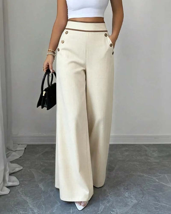 Button Line Wide-Leg Long Pants