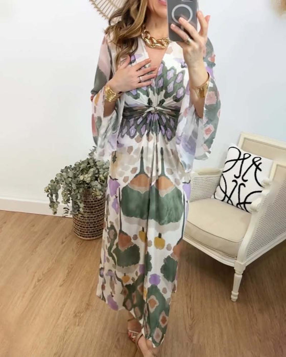 Elegant printed V-neck flare sleeves long dress