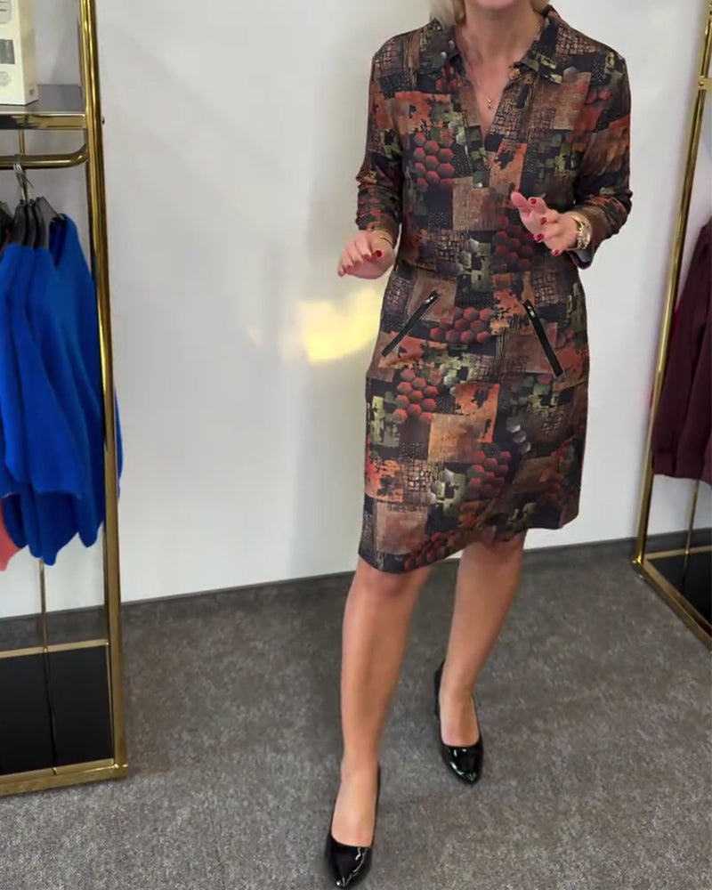 Lapel Vintage Print Short-Sleeved Dress