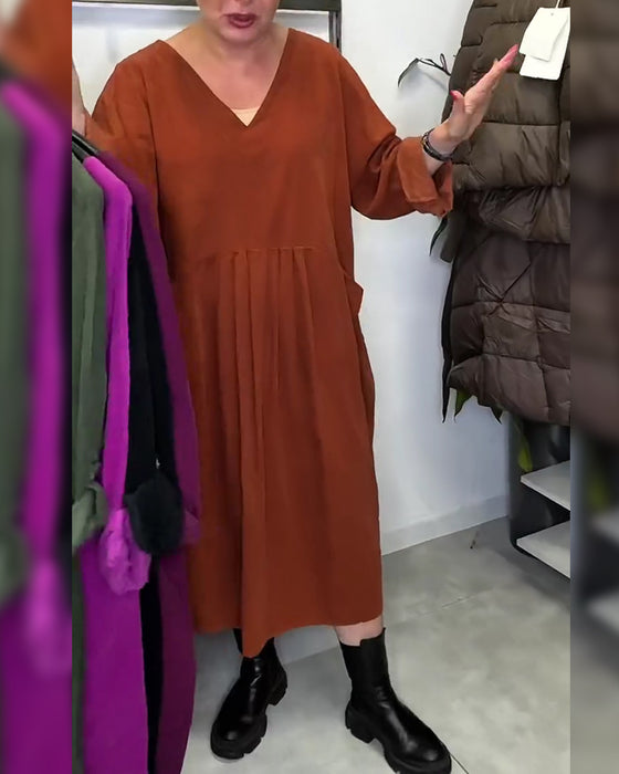 V-Neck Loose-Fitting Accordion Pleated Dress