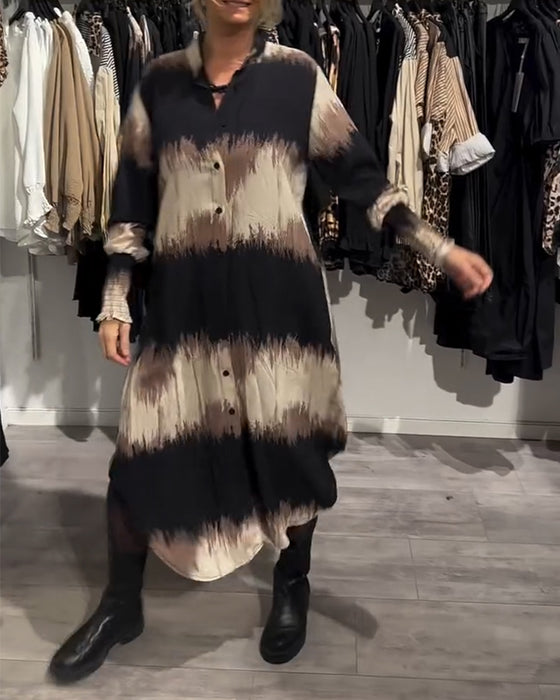 Lantern Sleeve Buttoned Ink Painting Shirt Dress