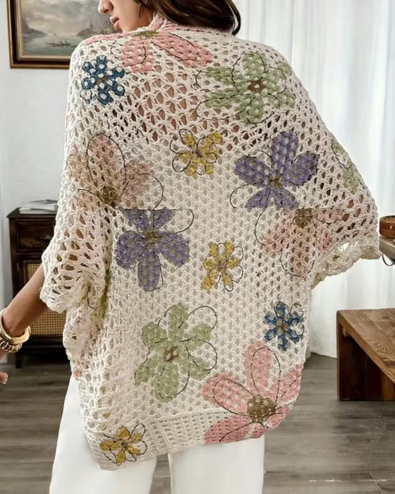 Hollow Out Floral Print Knit Cardigan