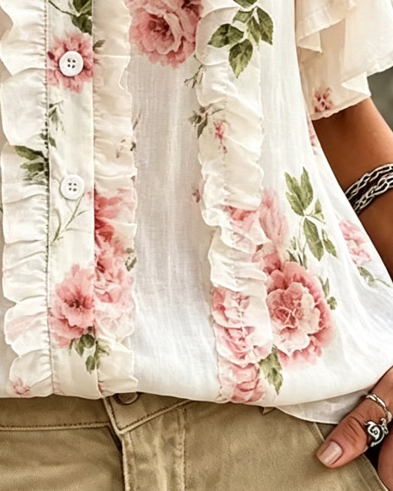 Floral Ruffle Double-Layered Hem Blouse