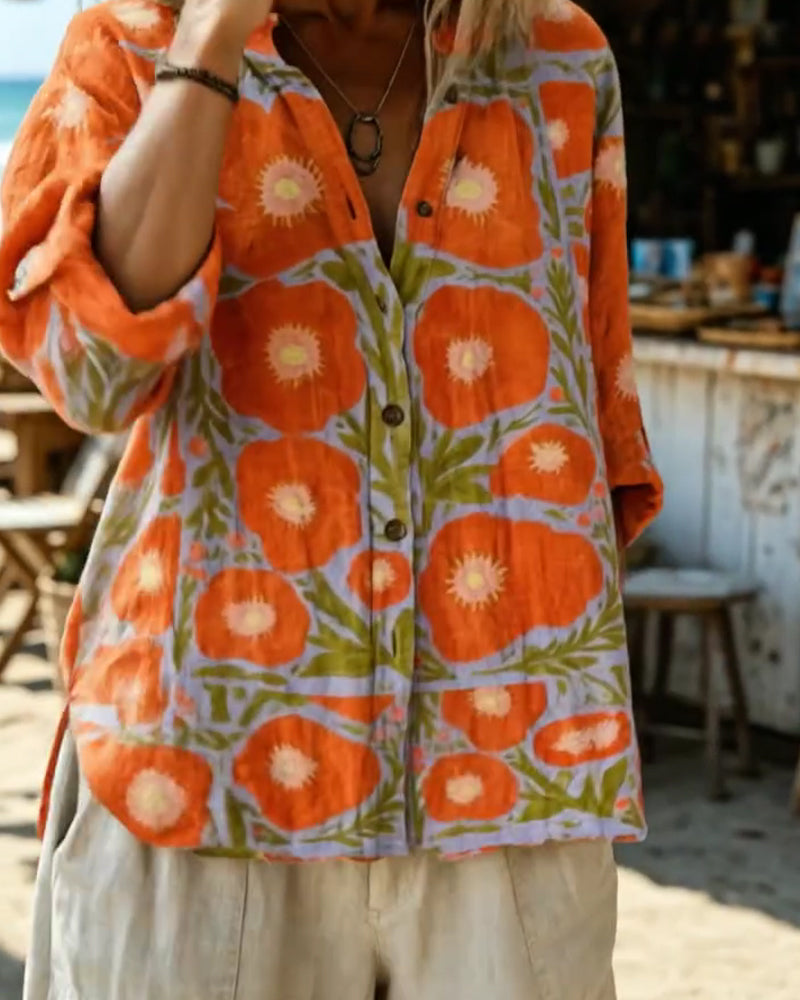 Stand Collar Button-Up Vintage Floral Shirt