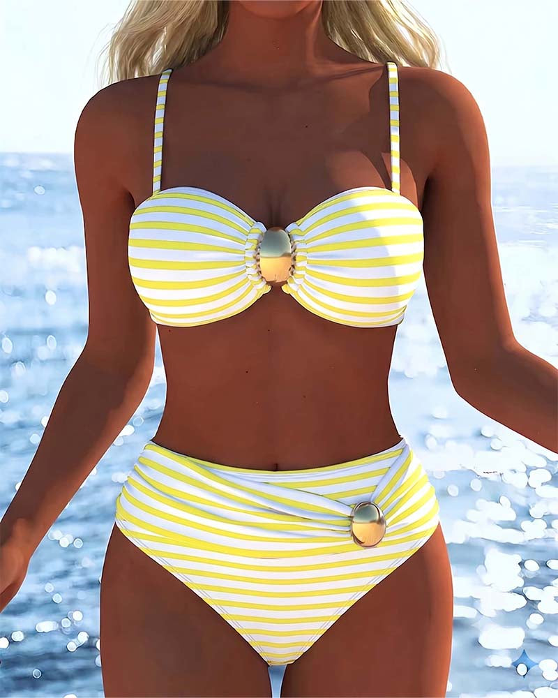 Spaghetti Straps Striped Plastic Button Bikini
