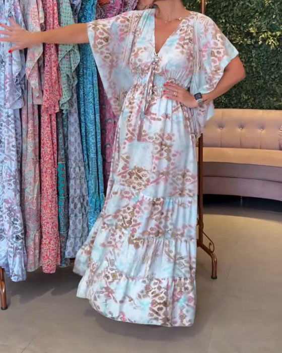 V-neck printed butterfly sleeve long dress