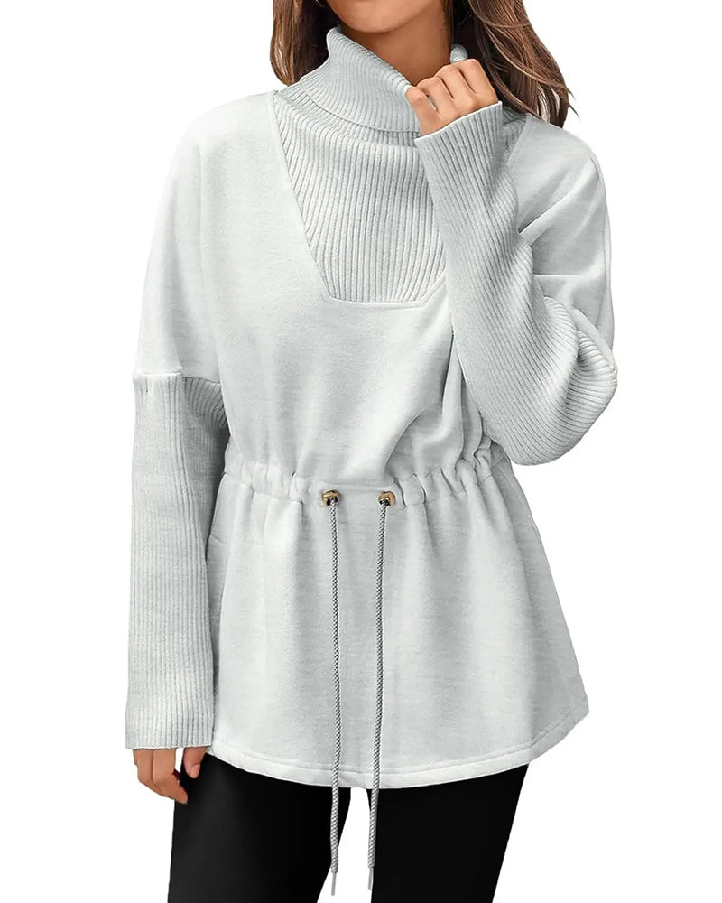 High Collar Long Sleeve Waist Drawstring Sweatshirt