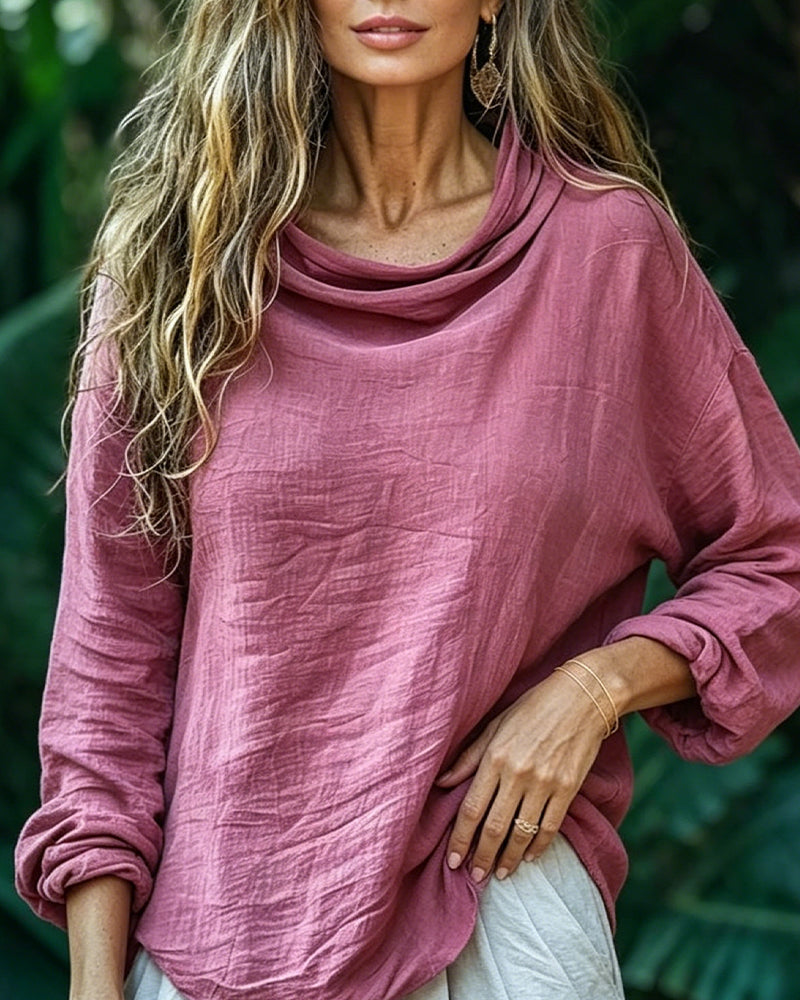 Draped Neck Casual Solid Long Sleeve Blouse
