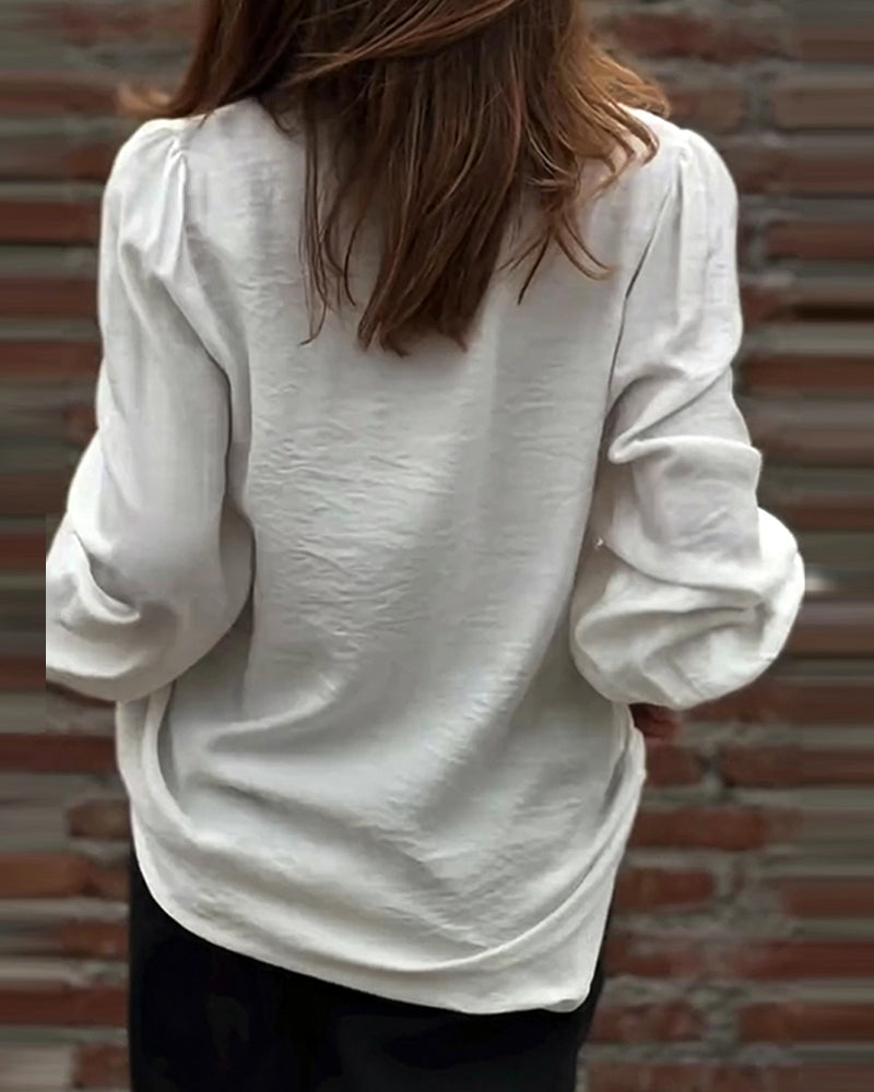 V-Neck Button Front Ruffle Puff Sleeve Blouse