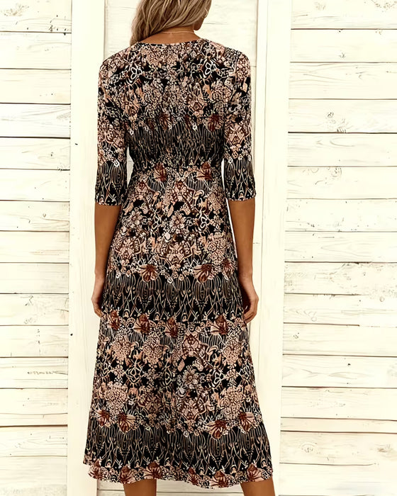 V‑neck Print Patchwork Mid‑sleeve Dress