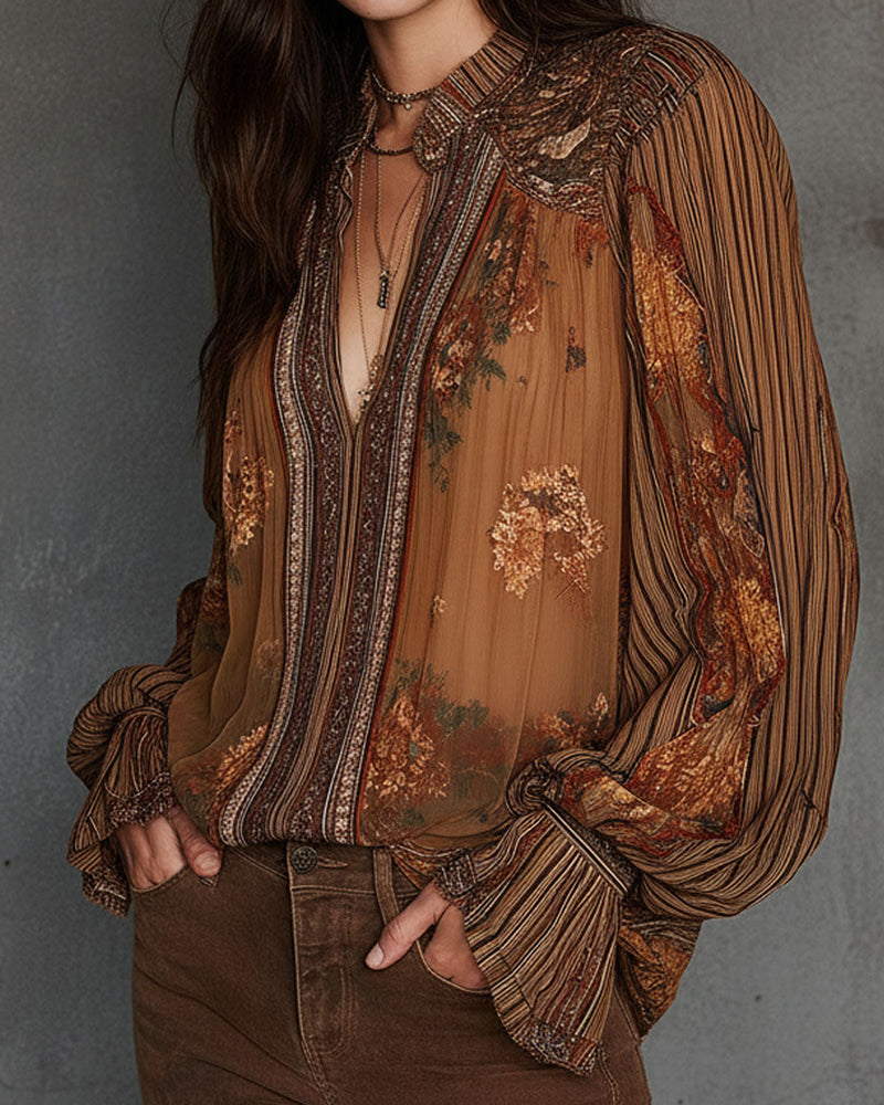 V-Neck Bohemian Style Floral Blouse